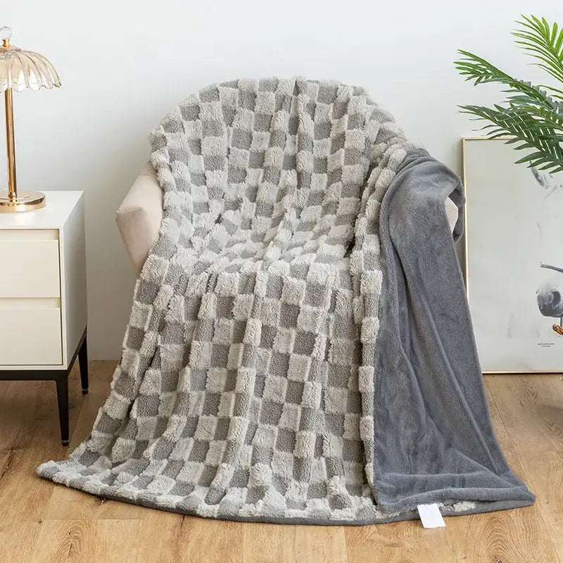 Cozy gray and white checkered plush throw blanket with soft texture as decorbites geometric jacquard flannel sofa cover