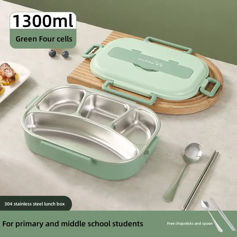 A mint green decorbites insulated bento lunch box with four stainless steel compartments and matching lid for school use
