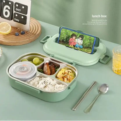 Mint green decorbites insulated bento lunch box with stainless steel compartments and phone stand on lid