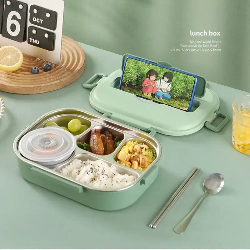 Mint green decorbites insulated bento lunch box with stainless steel compartments and phone stand on lid