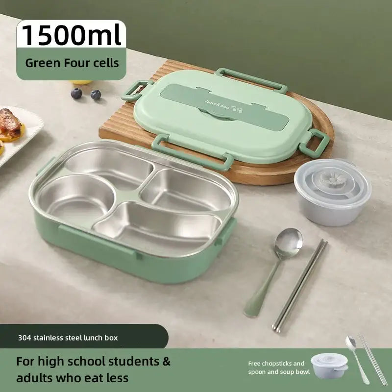 Mint green decorbites insulated bento lunch box with four stainless steel compartments and side handles for easy carrying