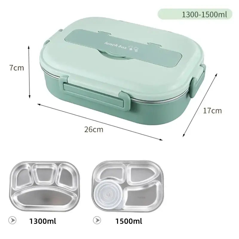 Mint green decorbites insulated bento lunch box made of stainless steel with hinged lid and side handles for easy carrying