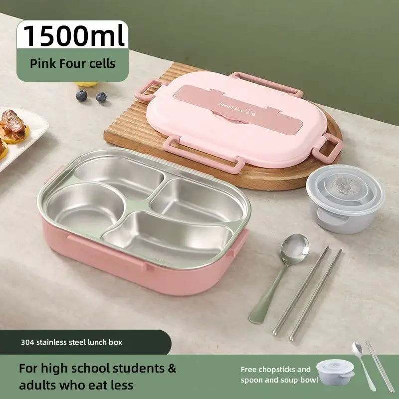 Pink 1500ml four-compartment stainless steel lunch box with matching lid and handles for decorbites insulated bento use