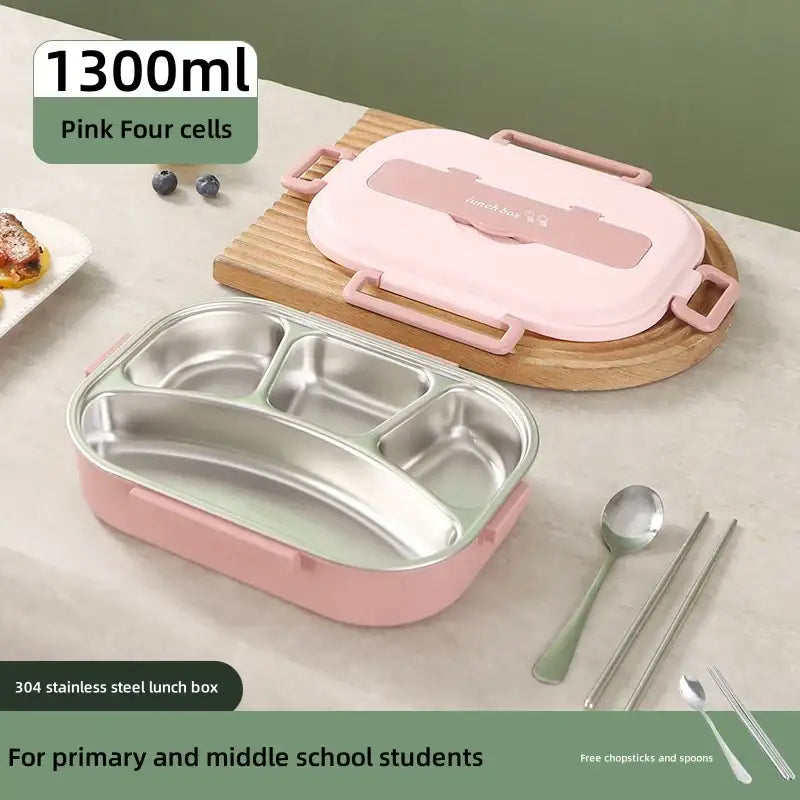 Pink 1300ml four-compartment stainless steel lunch box with matching lid and handles from decorbites insulated bento lunch collection