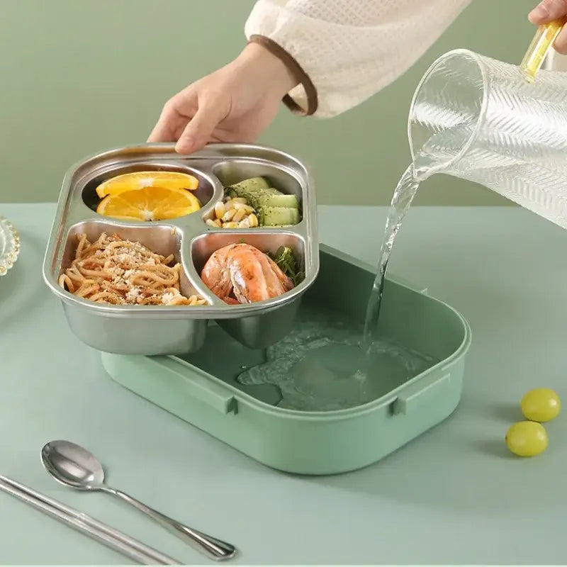 Mint green insulated lunch box with silver stainless steel four-compartment organizer and decorbites insulated bento set