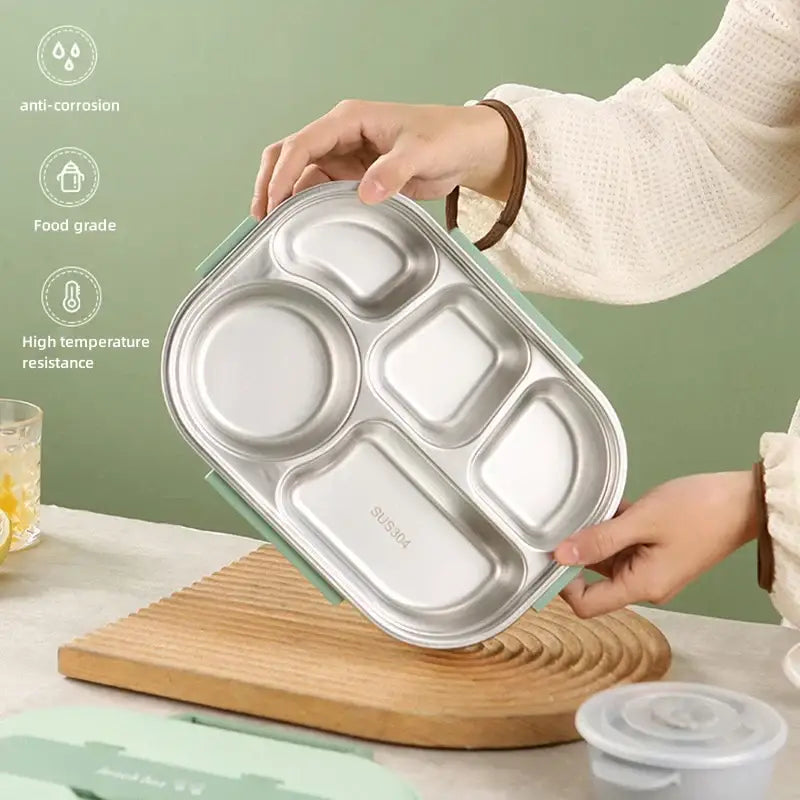 Silver stainless steel decorbites insulated bento lunch box with light green silicone handles and four compartments