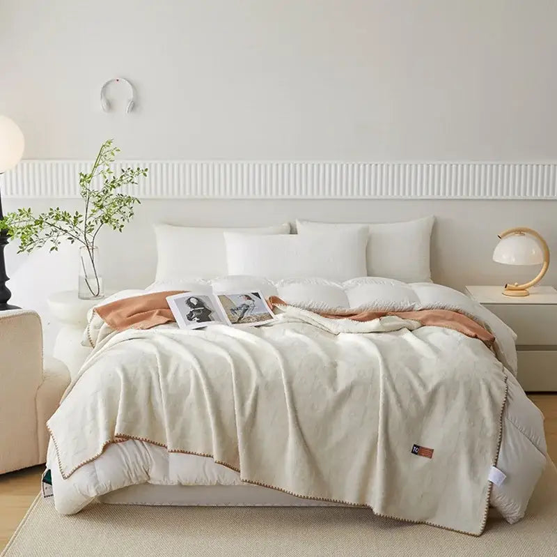 Cream-colored plush throw blanket with textured weave and tan stitched hem featuring decorbites jacquard milk velvet