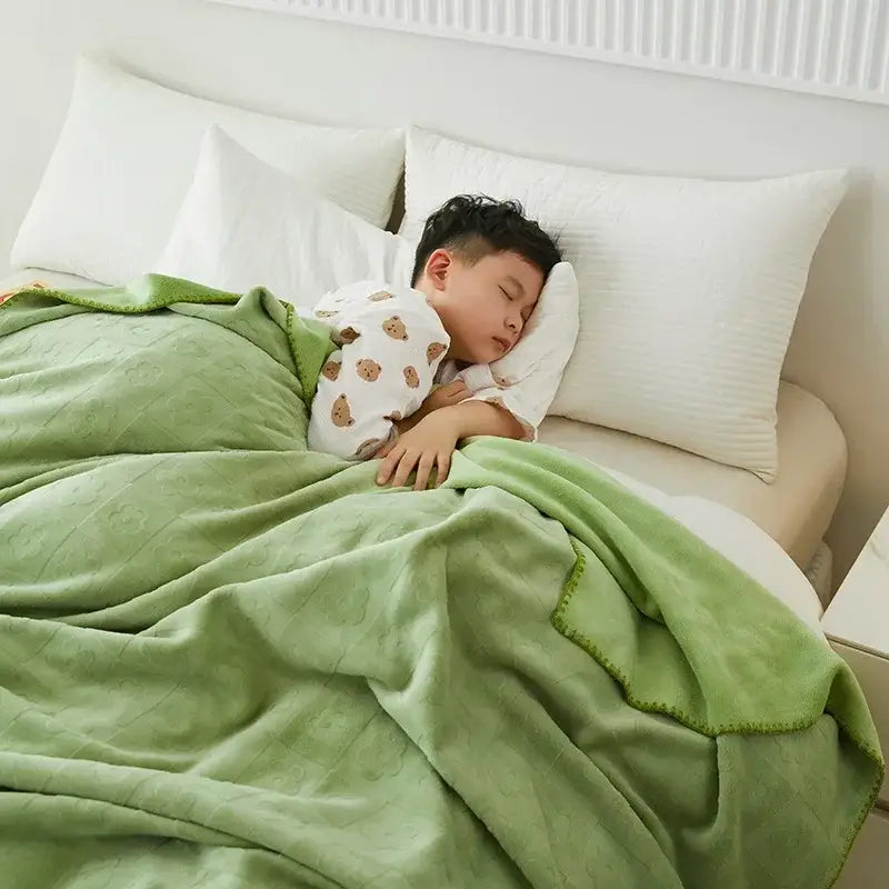 Mint green jacquard milk velvet blanket with soft fleece texture and stitched edges ideal for bedroom or travel decorbites jacquard milk