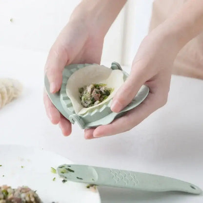 Mint green leaf silicone dumplings maker tool with hinged design and scalloped edges for easy dumplings making