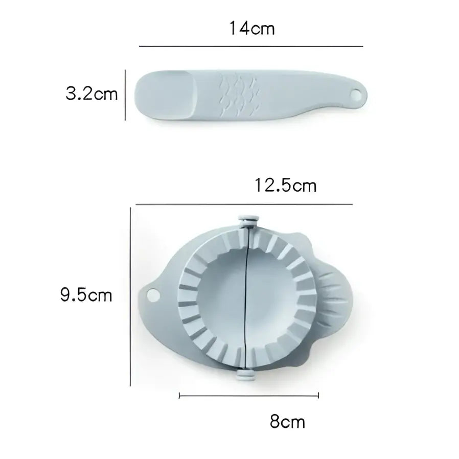 Light gray silicone dumplings maker tool with handle and fluted edges for shaping in a kitchen accessory design