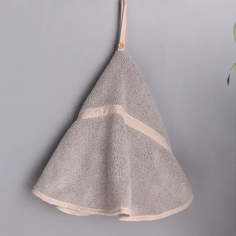 Gray plush hand towel with beige trim and hanging loop from decorbites coral velvet hand towel set
