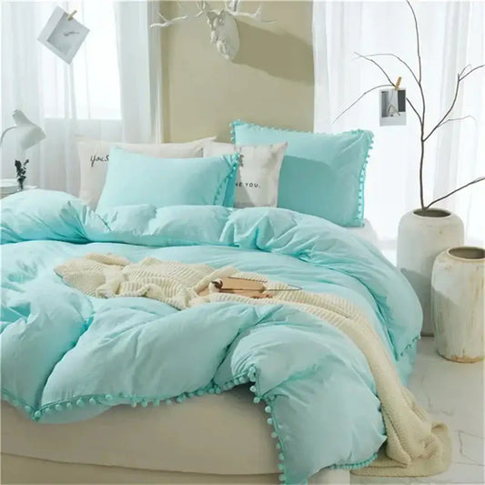 Mint green quilted duvet cover set with pom pom trim for bedroom featuring soft textured cover set design