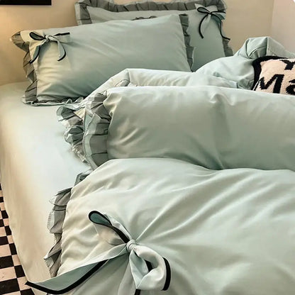 Mint green ruffled cotton embroidery bedding set with black ribbon ties for bedroom decorbites cotton embroidery bedding