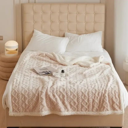 Cream-colored coral fleece blanket with textured knit pattern and soft fleece lining by decorbites coral fleece