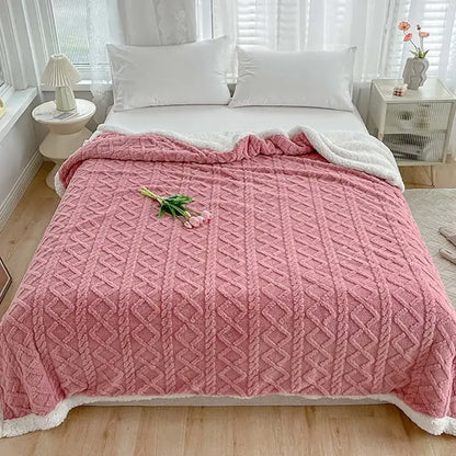 Pink knitted coral fleece blanket with white fleece lining and diamond texture for warm decorbites coral fleece use