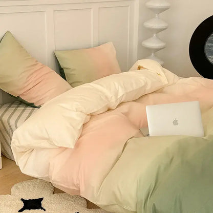 Pastel gradient duvet set in cream peach and mint green plush cotton featuring decorbites cartoon print bedding set design