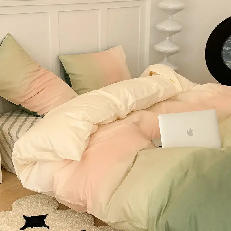 Pastel gradient duvet set in cream peach and mint green plush cotton featuring decorbites cartoon print bedding set design