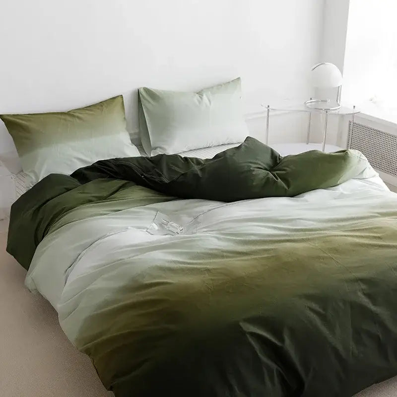 Olive green and white gradient duvet bedding set with soft smooth fabric featuring decorbites cartoon print design