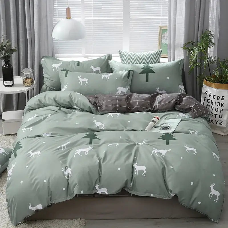 Mint green duvet cover bedding set with white deer and tree patterns featuring decorbites cartoon print design