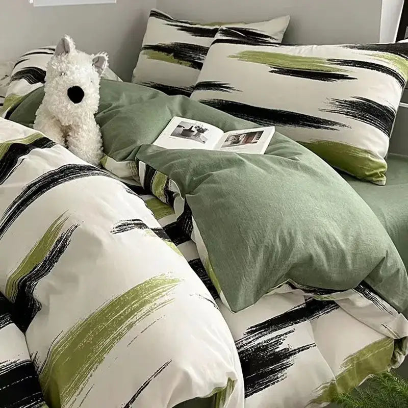 Mint green and white bedding set with bold black brushstroke decorbites cartoon print for bedroom use