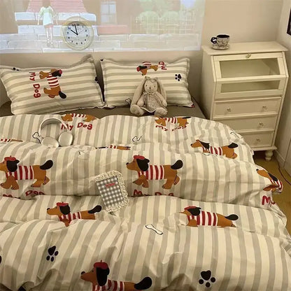 Cute beige and gray striped bedding set with decorbites cartoon print dachshunds for playful bedroom decor