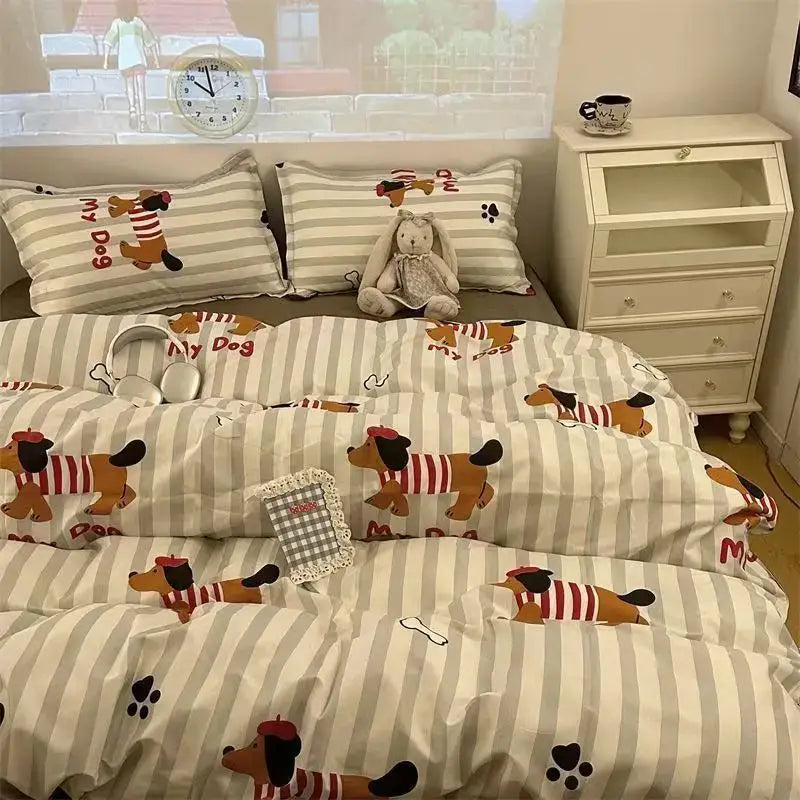 Cute beige and gray striped bedding set with decorbites cartoon print dachshunds for playful bedroom decor