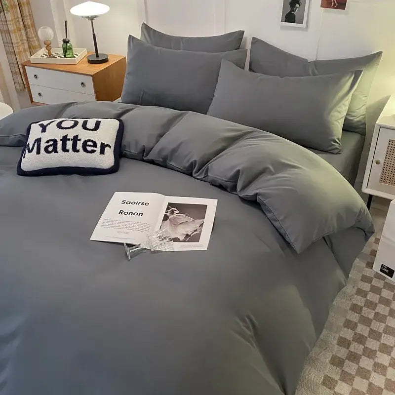 Gray duvet cover bedding set with matching pillows and cozy you matter throw pillow in cartoon print decorbites style