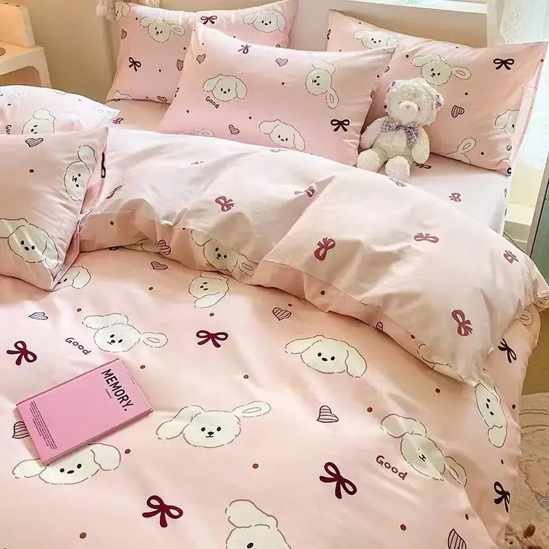 Pink bedding set with white cartoon dogs and maroon bows decorbites cartoon print for bedroom decor