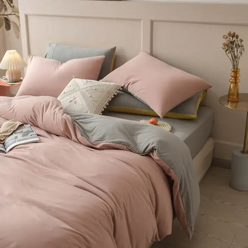 Soft blush pink and muted gray duvet set with subtle textured pillow sham in mint green and white decorbites cartoon print bedding set