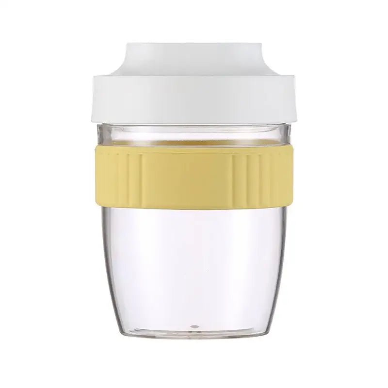 Clear glass decorbites breakfast cup with white lid and yellow silicone grip ideal for kitchen food container use
