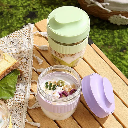 Pastel green and lavender silicone-lined glass decorbites breakfast cups with ribbed lids for kitchen food storage