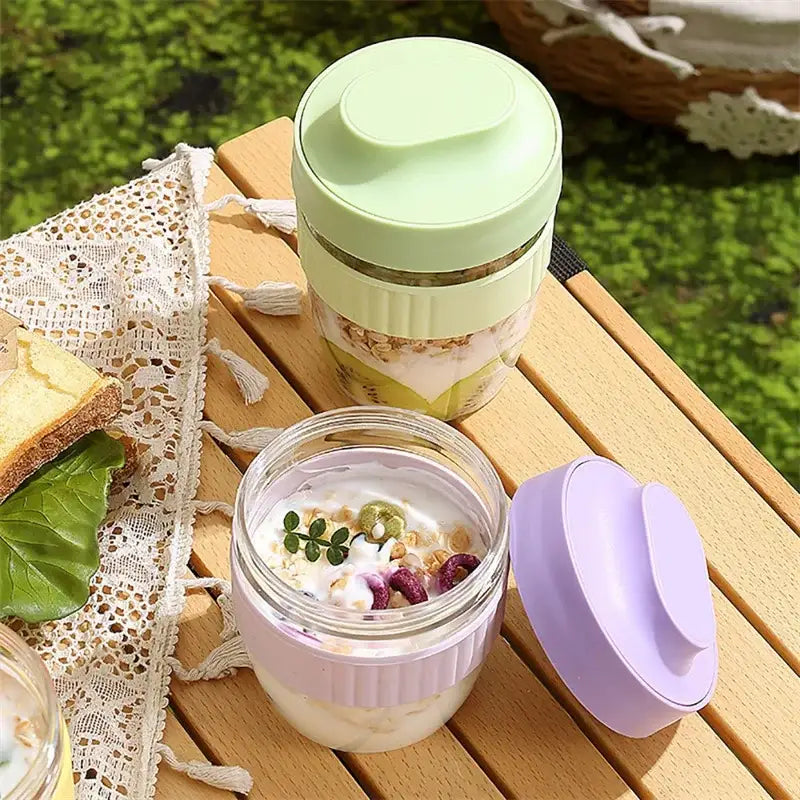 Pastel green and lavender silicone-lined glass decorbites breakfast cups with ribbed lids for kitchen food storage