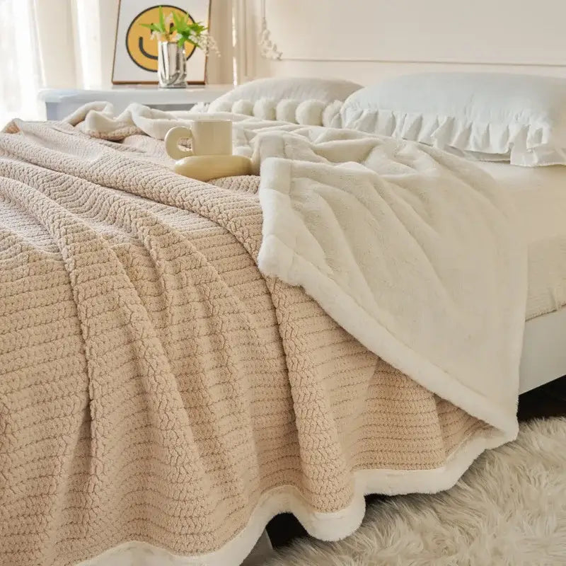 Cream-colored mint and white cozy faux rabbit fur blanket with ribbed texture and soft fleece lining for bedroom decorbites cozy faux