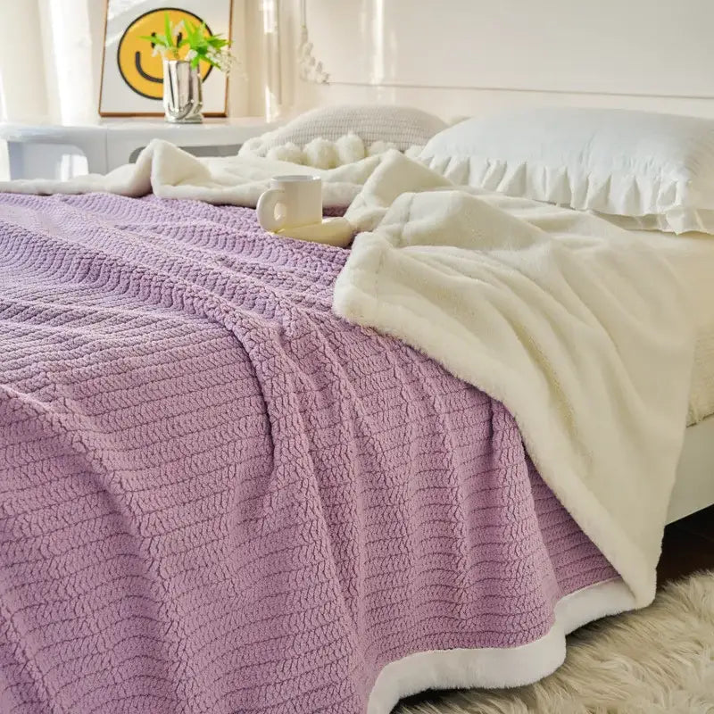 A cozy faux rabbit fur lavender fleece throw blanket with textured knit pattern and soft white lining for decorbites cozy faux use