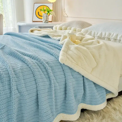 Mint and white cozy faux rabbit fur blanket with light blue ribbed plush and cream fleece lining for bedroom decorbites cozy faux