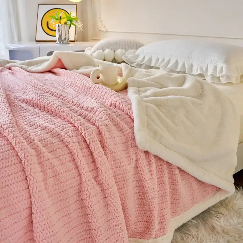 Mint and white cozy faux rabbit fur blanket with pink and cream ribbed plush and soft fleece sides for decorbites cozy faux decor