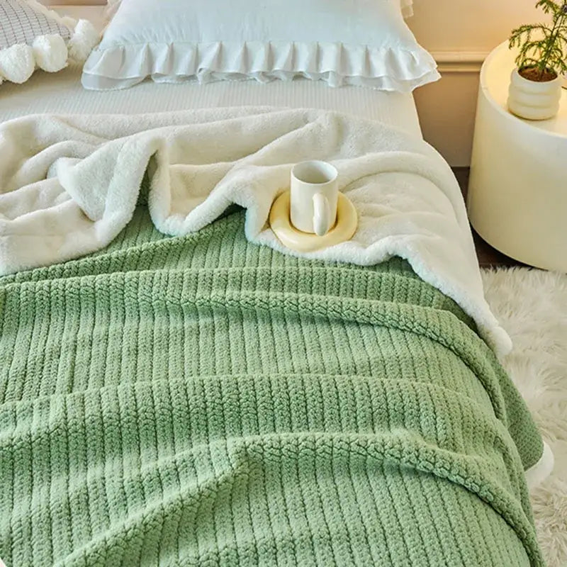 Soft mint green ribbed fleece blanket with cozy faux rabbit fur plush white lining for bedroom decorbites cozy faux throw