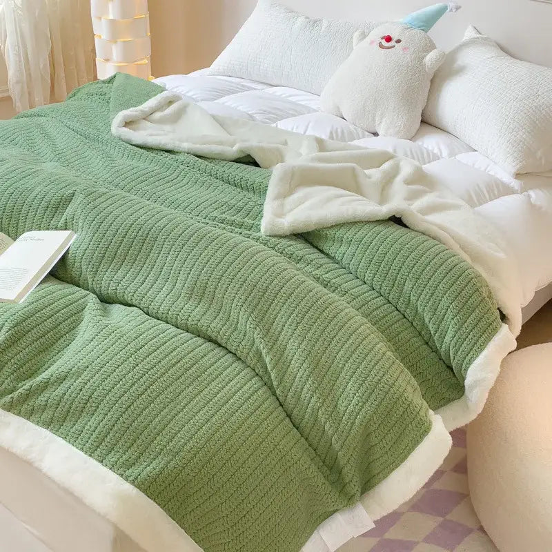 Soft mint green ribbed knit blanket with cozy faux rabbit fur plush white fleece lining for decorbites cozy faux throw
