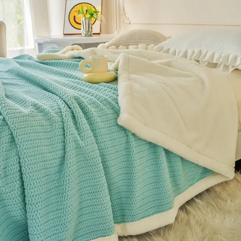 Mint and white cozy faux rabbit fur blanket soft knitted throw with plush fleece lining and decorative ruffled edge