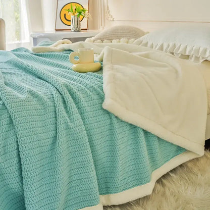 Mint and white cozy faux rabbit fur blanket soft knitted throw with plush fleece lining and decorative ruffled edge
