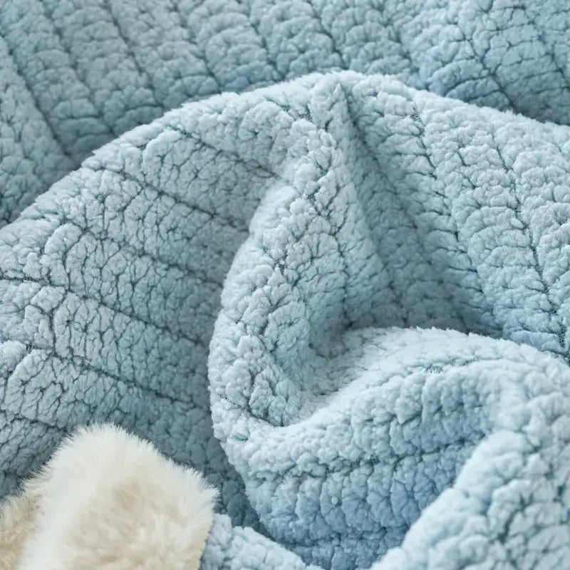 Soft light blue sherpa blanket with cream fleece edge from mint and white cozy faux rabbit fur bedroom throw decorbites cozy faux