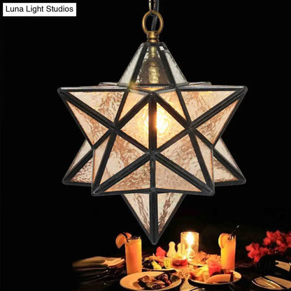 Mission Clear Ripple Glass Star Pendant Light for Dining Room - 1-Light Black Drop Lamp