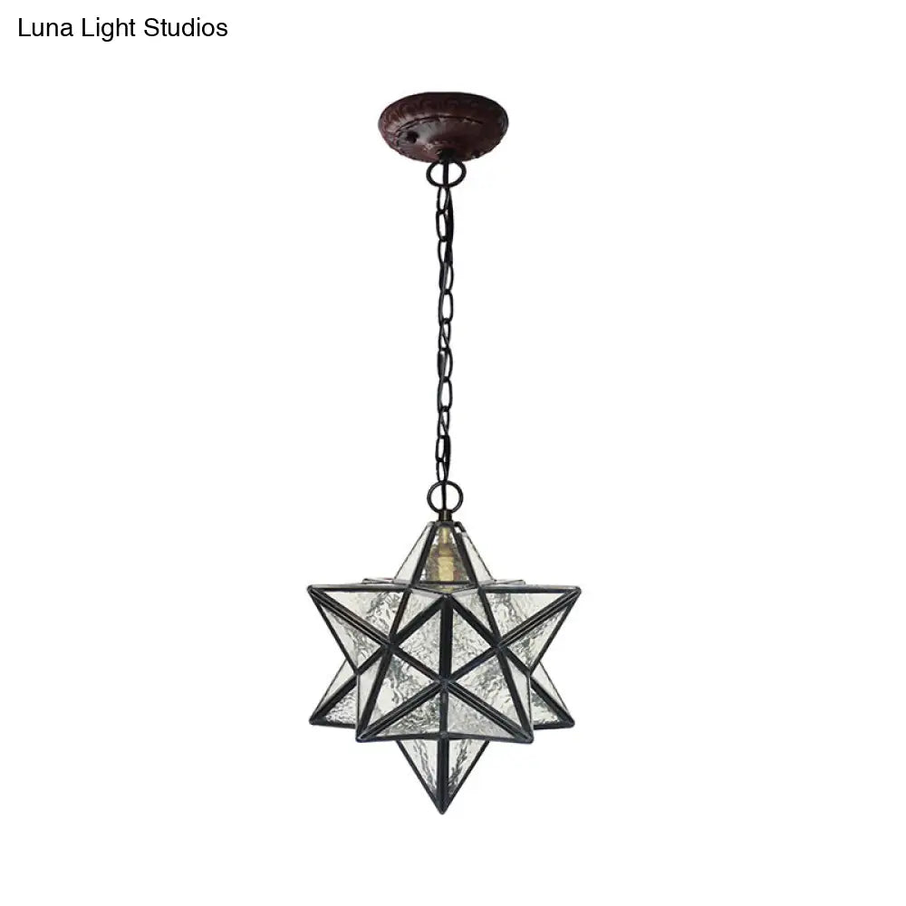 Mission Clear Ripple Glass Star Pendant Light for Dining Room - 1-Light Black Drop Lamp