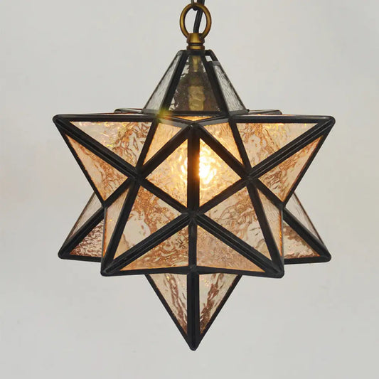 Mission Clear Ripple Glass Star Pendant Light for Dining Room - 1-Light Black Drop Lamp