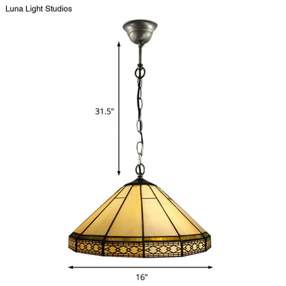 Mission Cut Glass Cone Hanging Light Fixture - Antique Brass Suspension Pendant (8"/12"/16" W) for Living Room