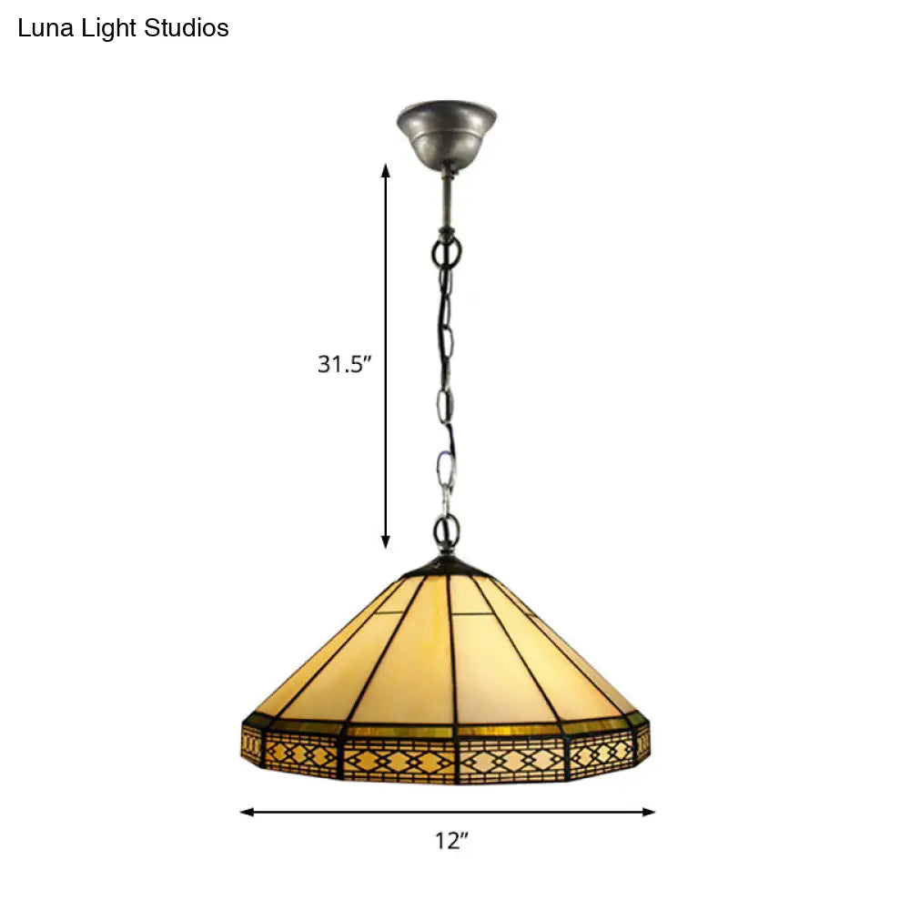 Mission Cut Glass Cone Hanging Light Fixture - Antique Brass Suspension Pendant (8"/12"/16" W) for Living Room