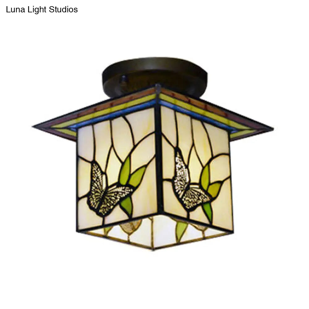 Mission Lodge Stained Glass Butterfly Flush Mount Light for Corridor