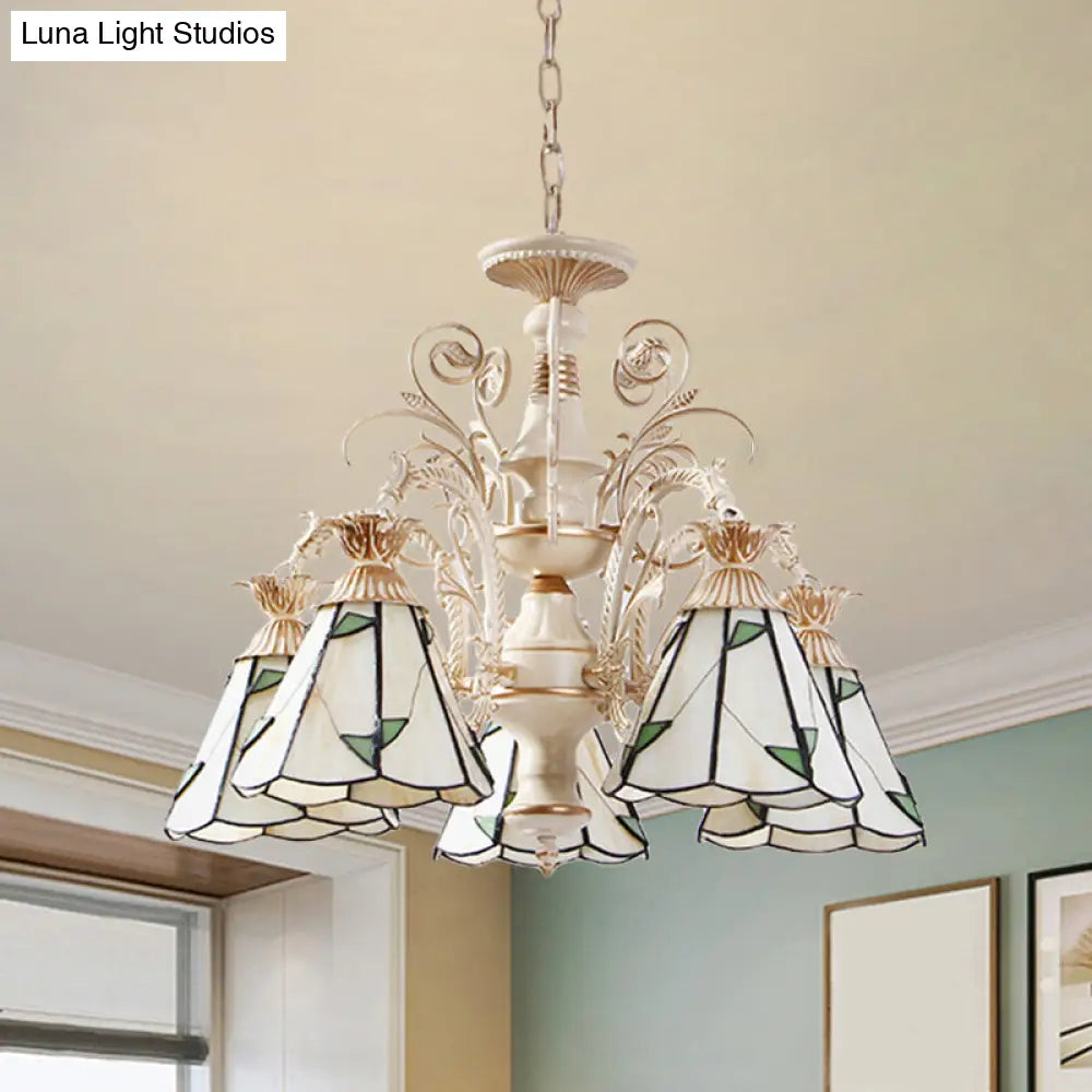 Mission White Stained Glass Leaf Patterned Pendant Chandelier - 3/5-Light Conic Ceiling Hang Fixture