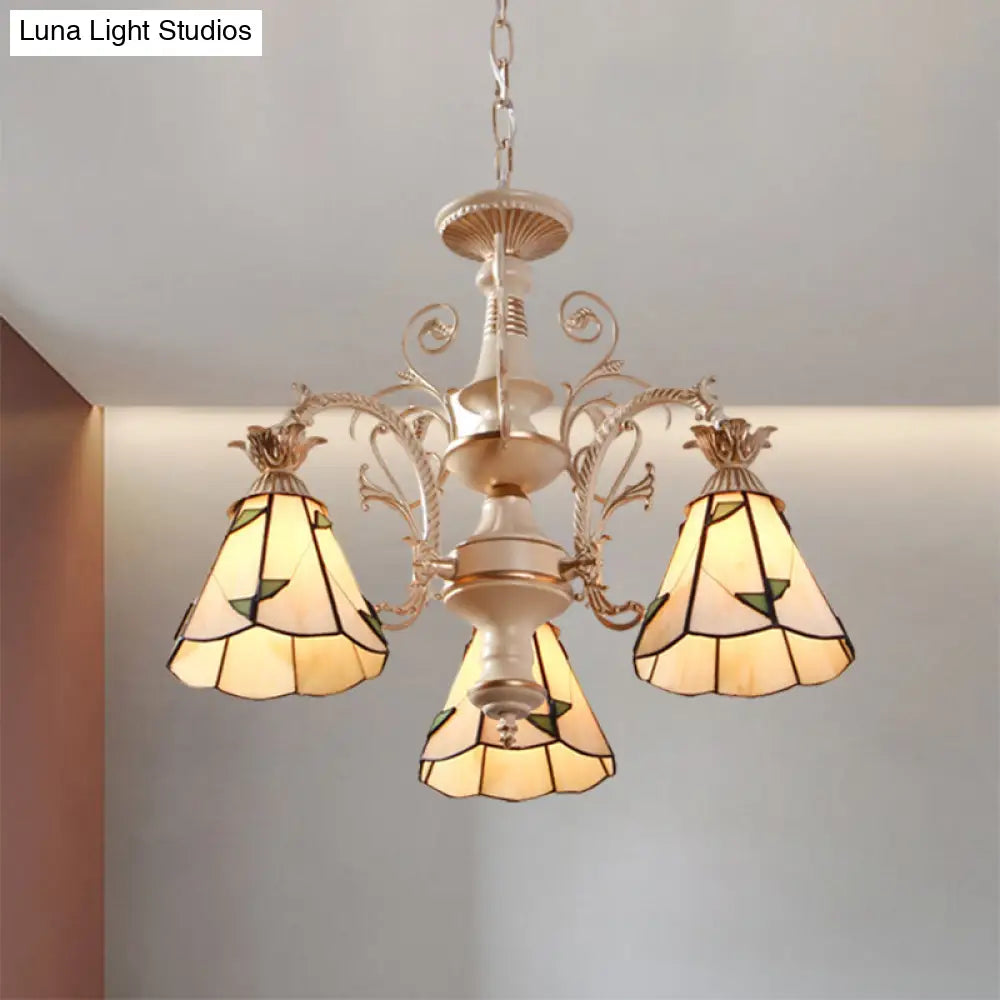 Mission White Stained Glass Leaf Patterned Pendant Chandelier - 3/5-Light Conic Ceiling Hang Fixture