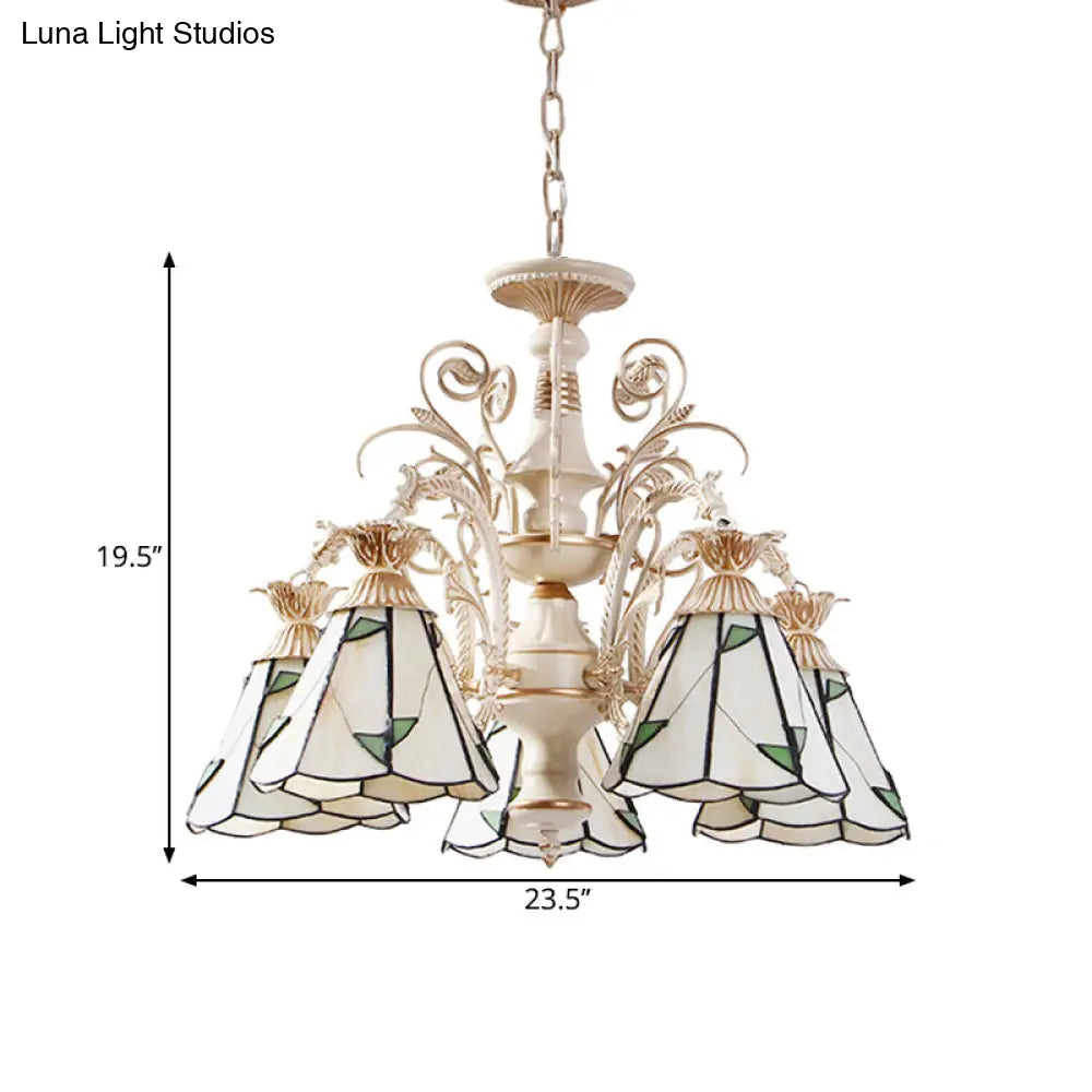 Mission White Stained Glass Leaf Patterned Pendant Chandelier - 3/5-Light Conic Ceiling Hang Fixture